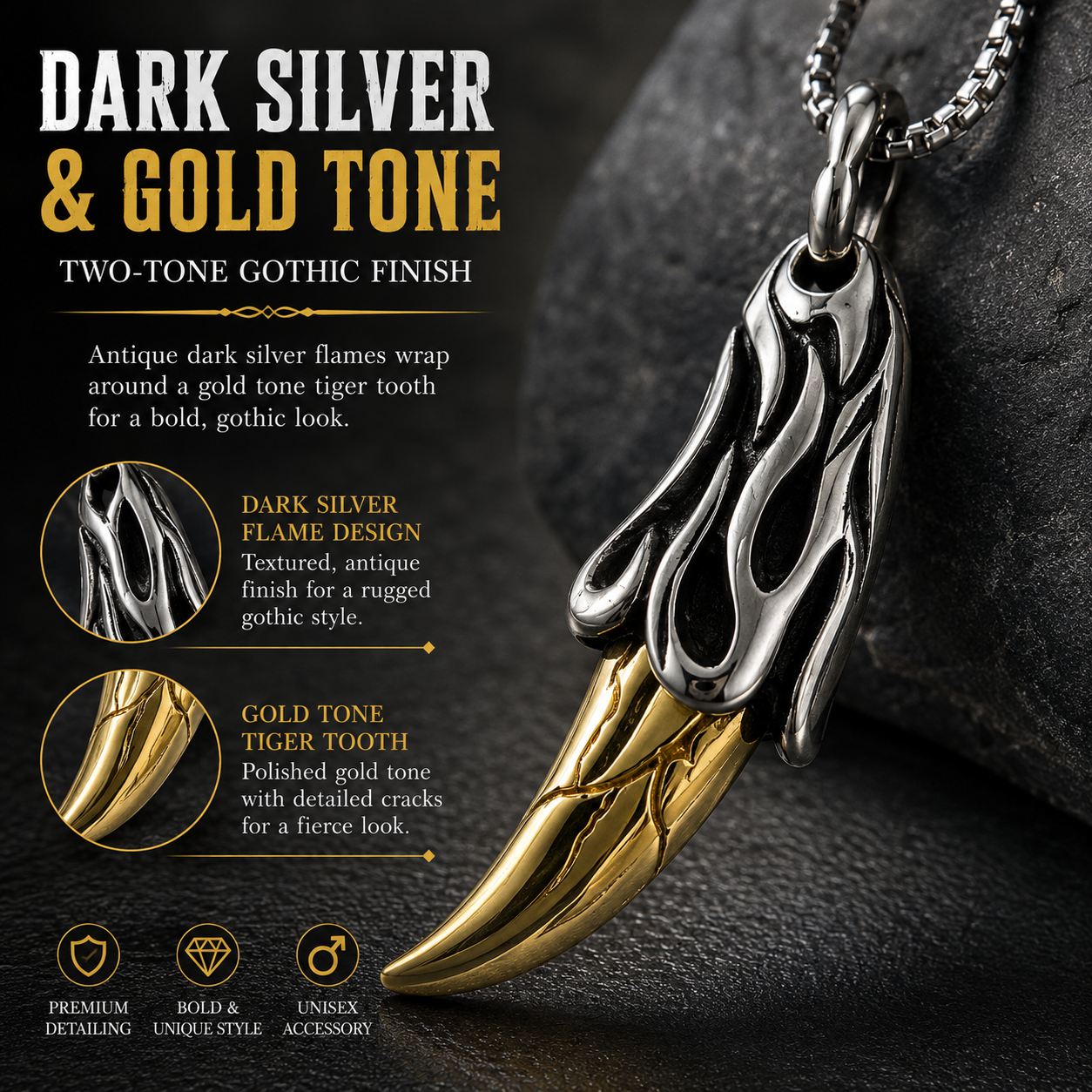 Men Gothic Tiger Tooth Pendant Necklace Dark Silver Flame details Box Chain Gift PN0026