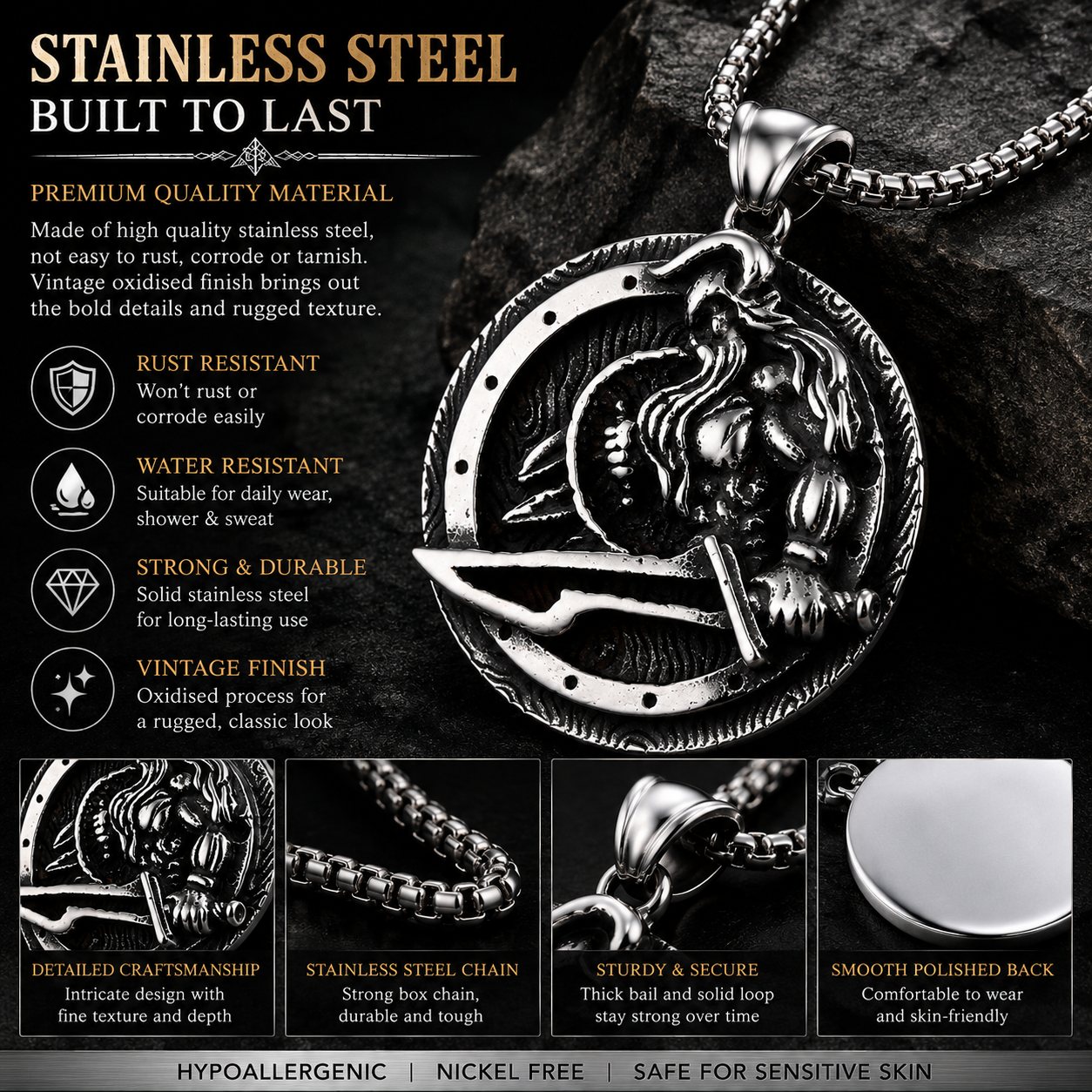 Men Viking Warrior Pendant Necklace Norse Mythology Stainless Steel Round Amulet with Chain PN0014