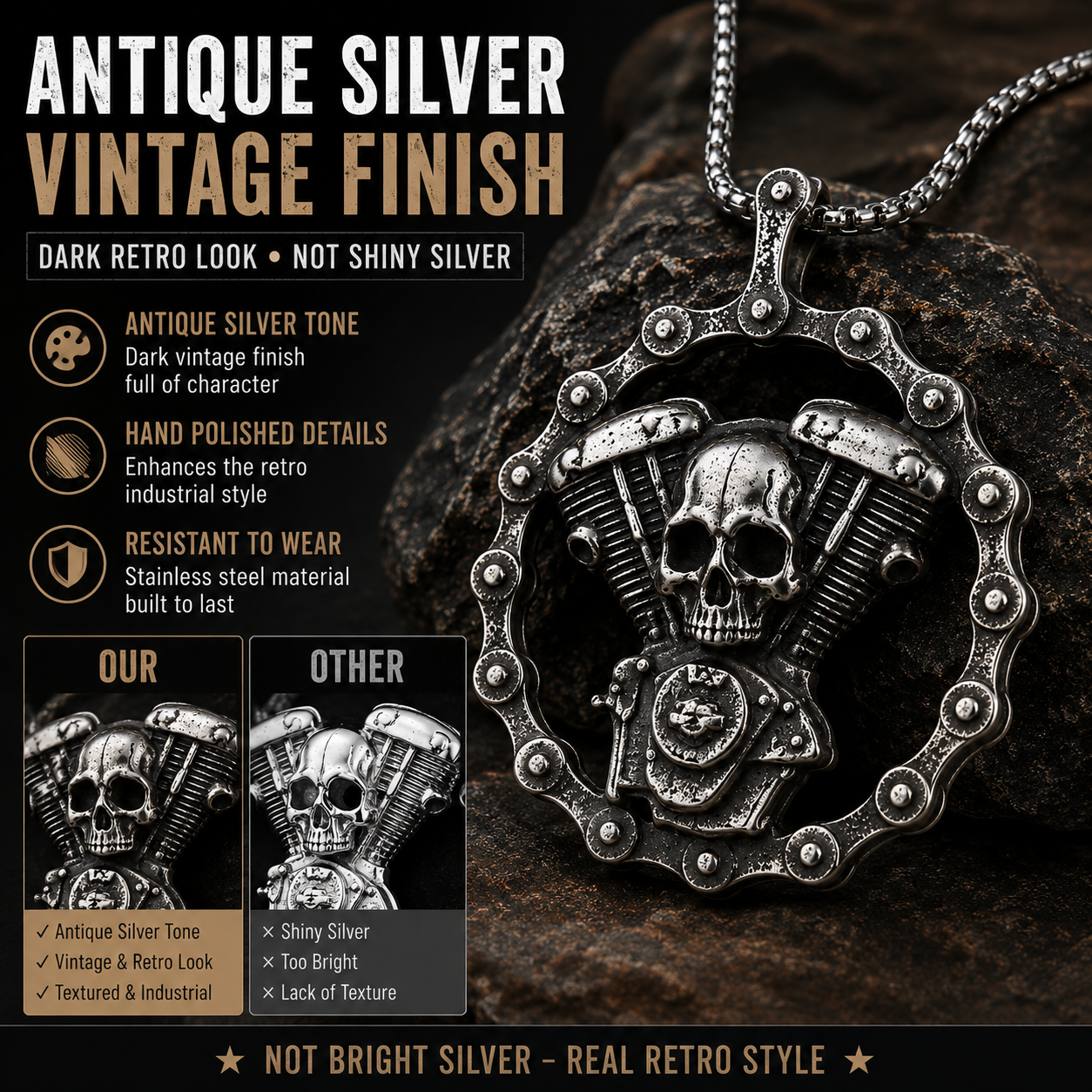 Retro Vintage Skull Motorcycle Engine Pendant Necklace Stainless Steel Biker Punk Gothic Chain Heavy Metal Gift PN0009