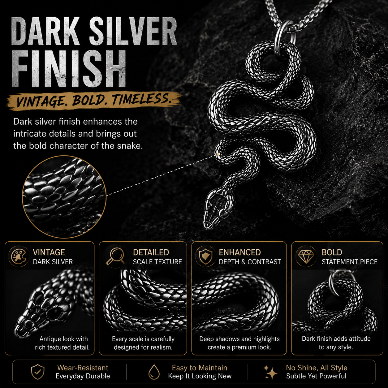 Gothic Snake Pendant Necklace Stainless Steel Serpent Biker Necklace Jewelry Chain Gift #PN0010