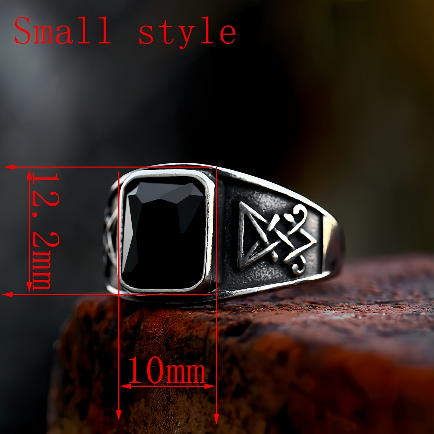 Men Gothic Black Stone Signet Ring Vintage Occult Engraved Rock Biker Punk Band # R366