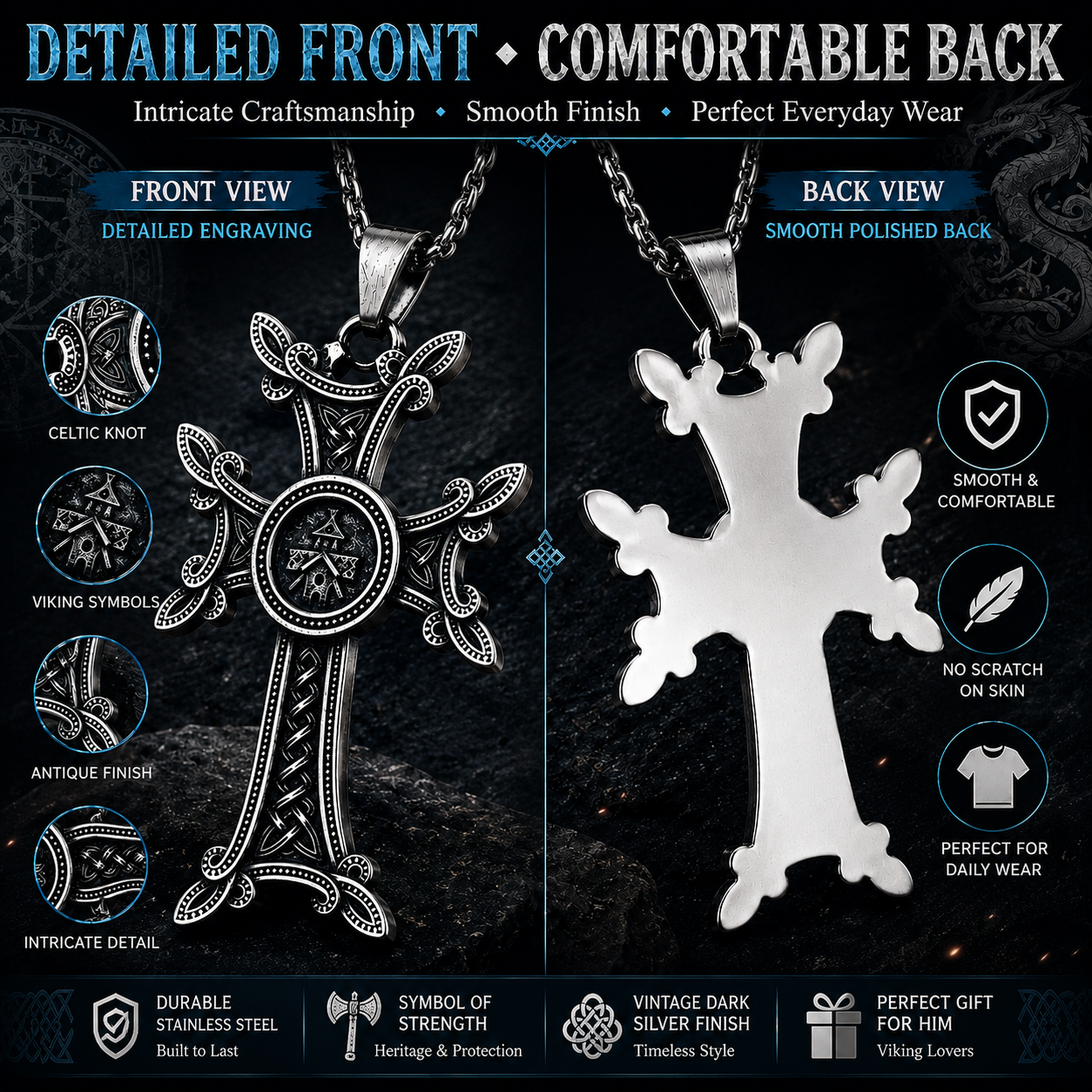 Nordic Viking Cross Pendant Necklace Celtic Knot Stainless Steel Norse Medieval Jewellery 60cm Chain Gift For Men PN0159