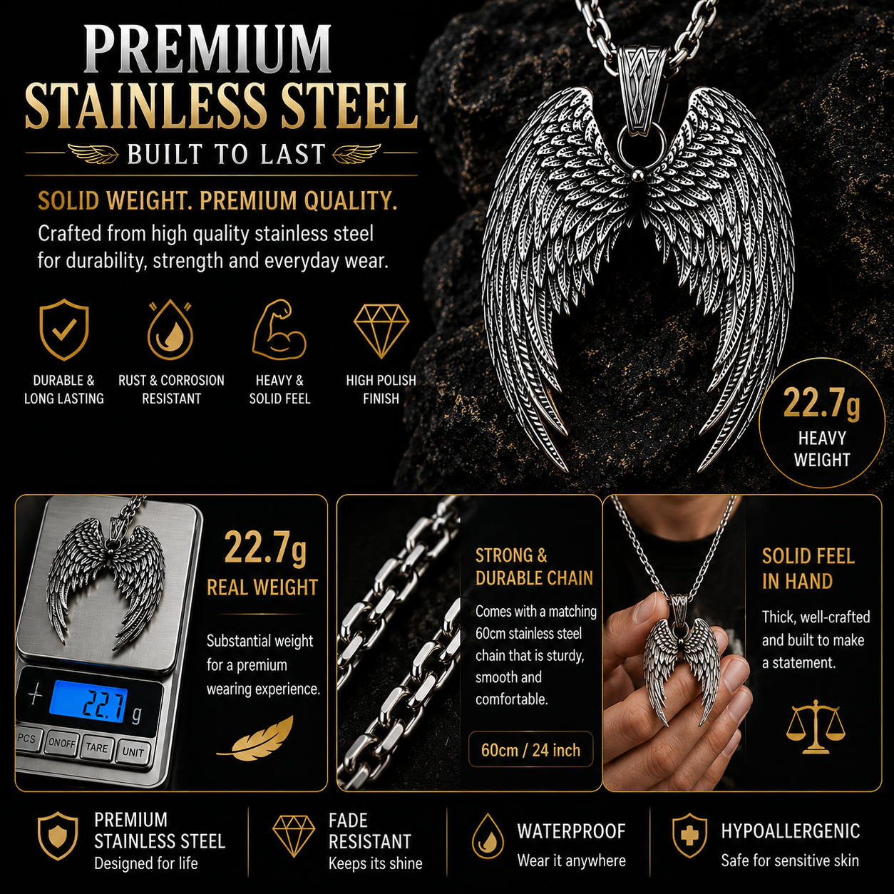 Angel Wings Necklace Stainless Steel Pendant Guardian Wing Gothic Biker Gift Chain #PN0032
