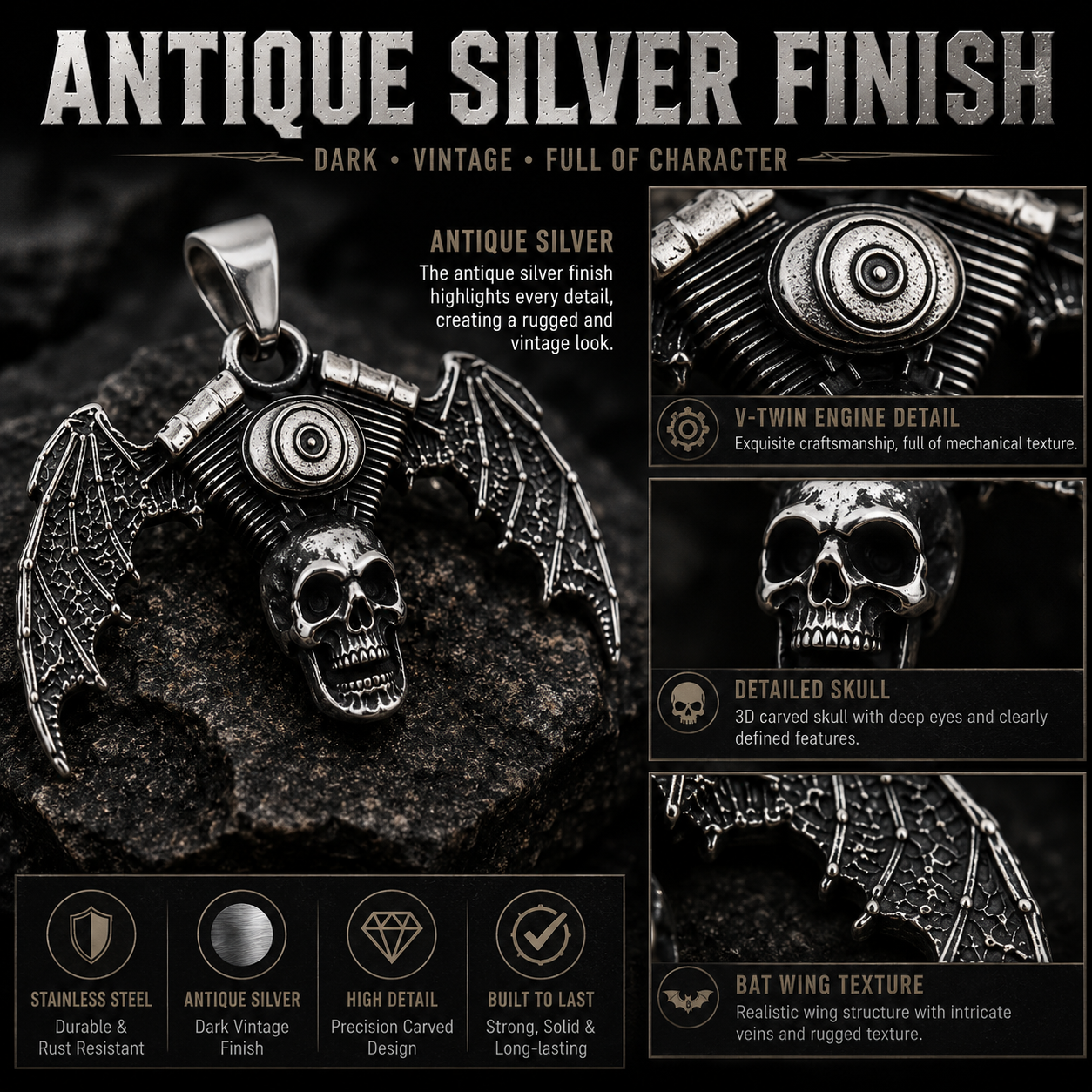 Vintage Biker Skull Bat Wing Pendant Necklace Gothic Motorcycle Engine Chain PN0025