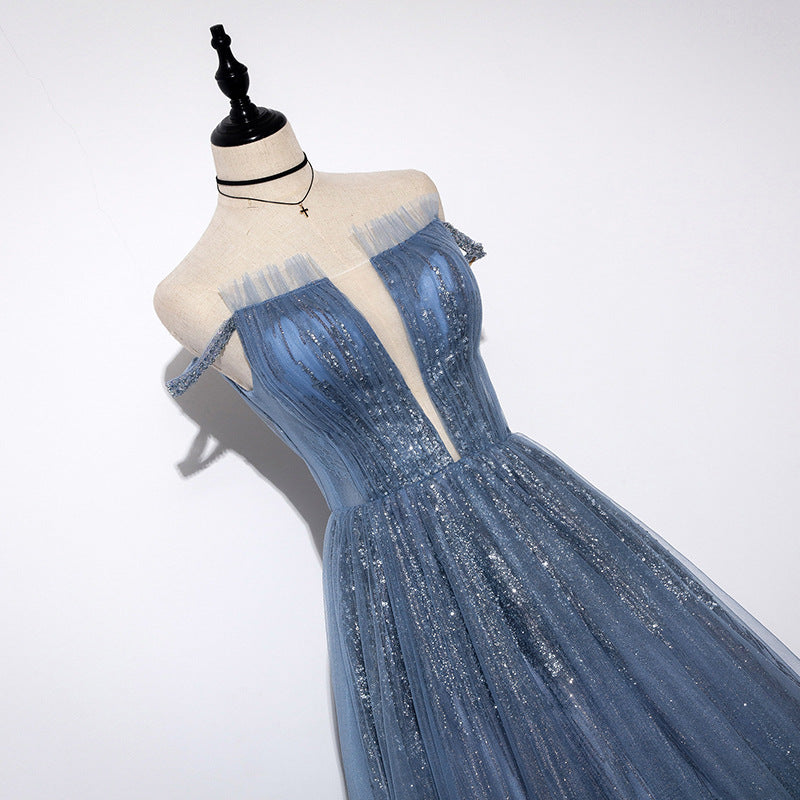 Women V-Neck Banquet Wedding Dress Cold Shoulder Evening Dress Shaggy Skirt