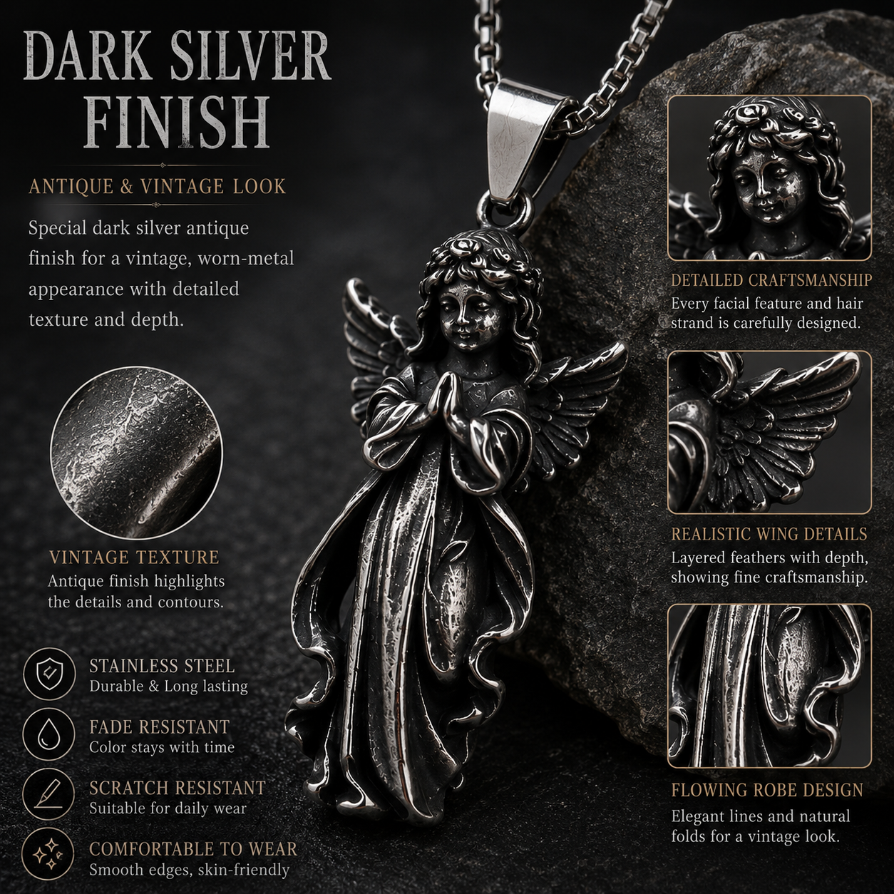 Unisex Vintage Angel Pendant Necklace Stainless Steel Dark Silver Gothic Prayer Angel Charm Chain Necklace Gift for Men Women PN0019