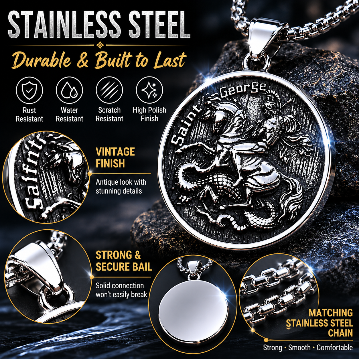 Men Saint George Dragon Pendant Necklace Stainless Steel Round Medallion Chain Gothic Retro Christian Amulet Jewellery Gift PN0006