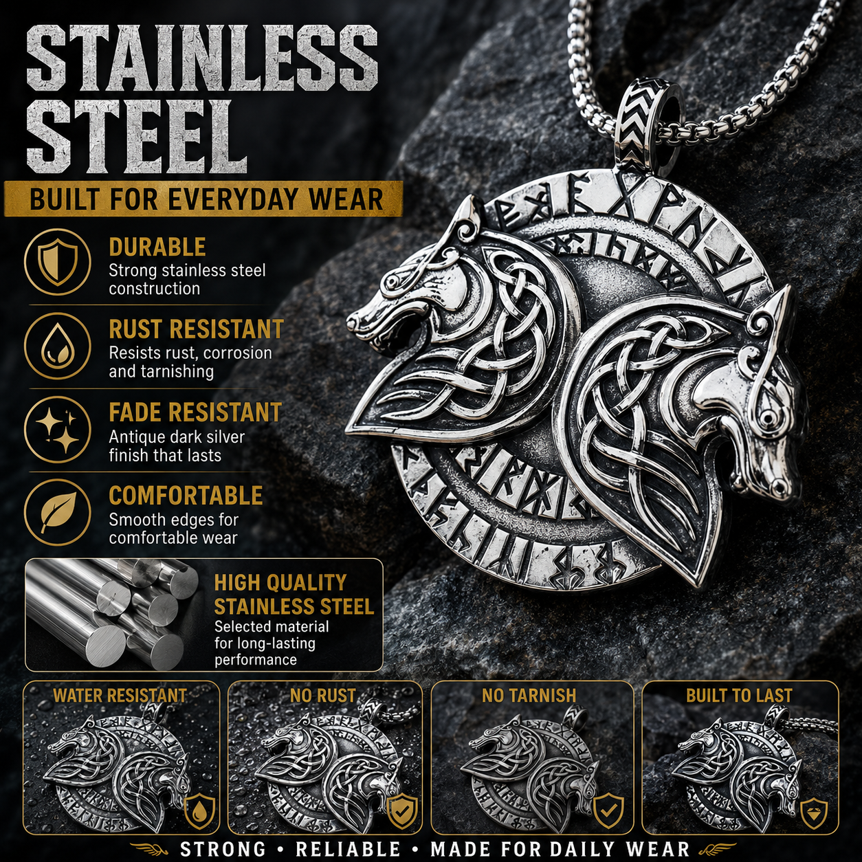 Viking Double Wolf Head Pendant Necklace Celtic Knot Rune Stainless Steel Amulet with Chain PN0189