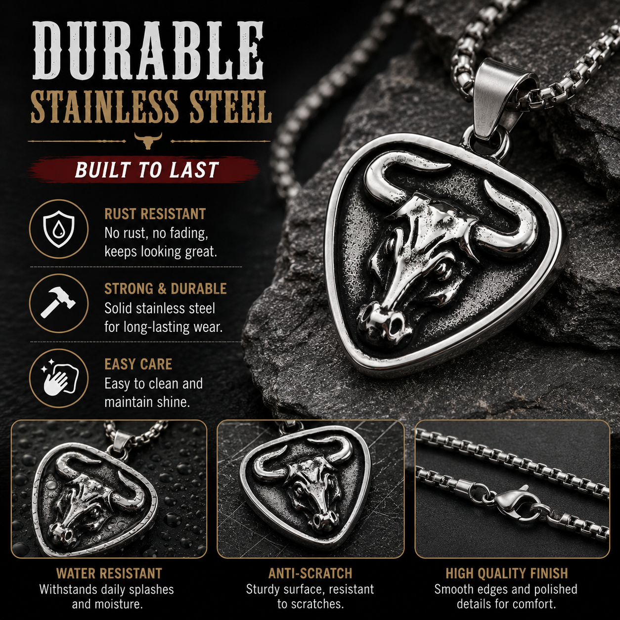 Vintage Bull Skull Pendant Necklace for Men Stainless Steel Ox Head Amulet Dark Silver Tone Chain Gift PN0005