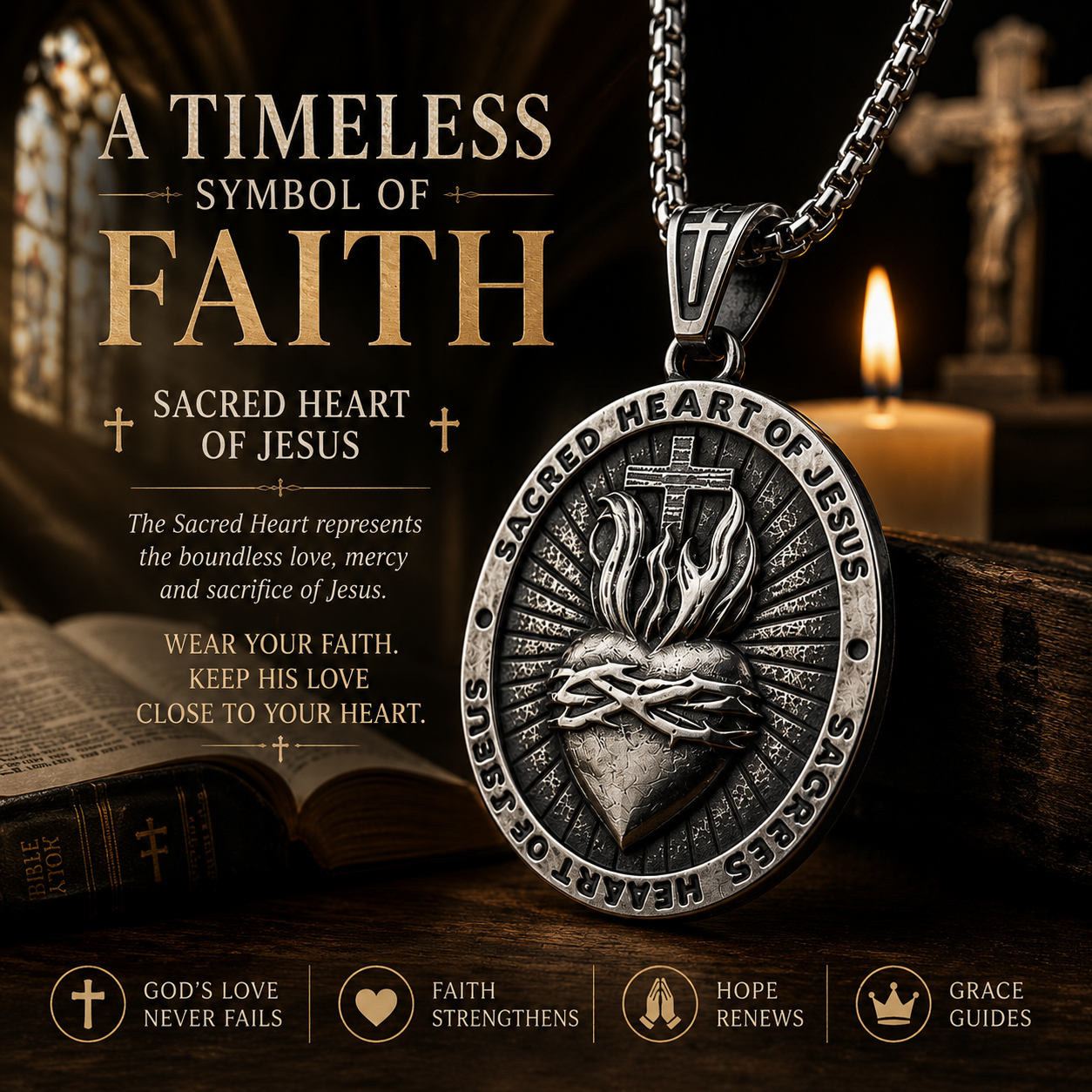 Sacred Heart of Jesus Pendant Necklace for Men Women, Double Sided Stainless Steel Christian Cross Medal, Vintage Dark Silver Religious Necklace with 60cm Box Chain, Catholic Faith Gift #PN0031
