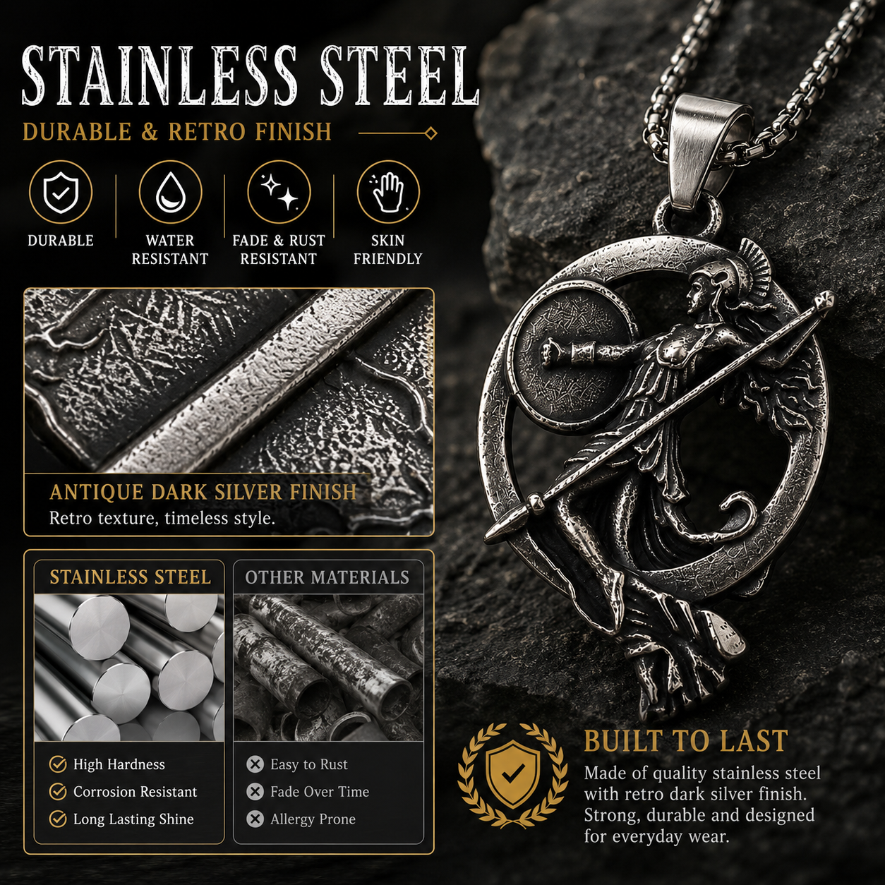 Unisex Retro Greek Goddess Warrior Pendant Necklace Dark Silver Stainless Steel Mythology Chain Gift PN0015