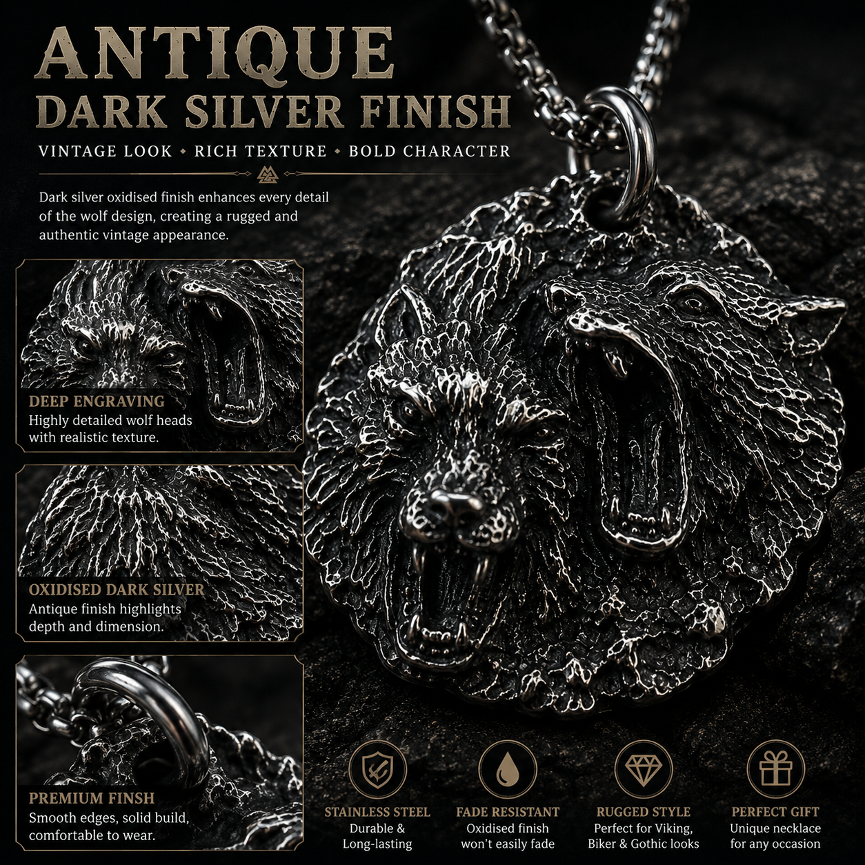 Vintage Wolf Pendant Necklace Dark Silver Stainless Steel Viking Animal Medallion Chain Gift for Men Women PN0017