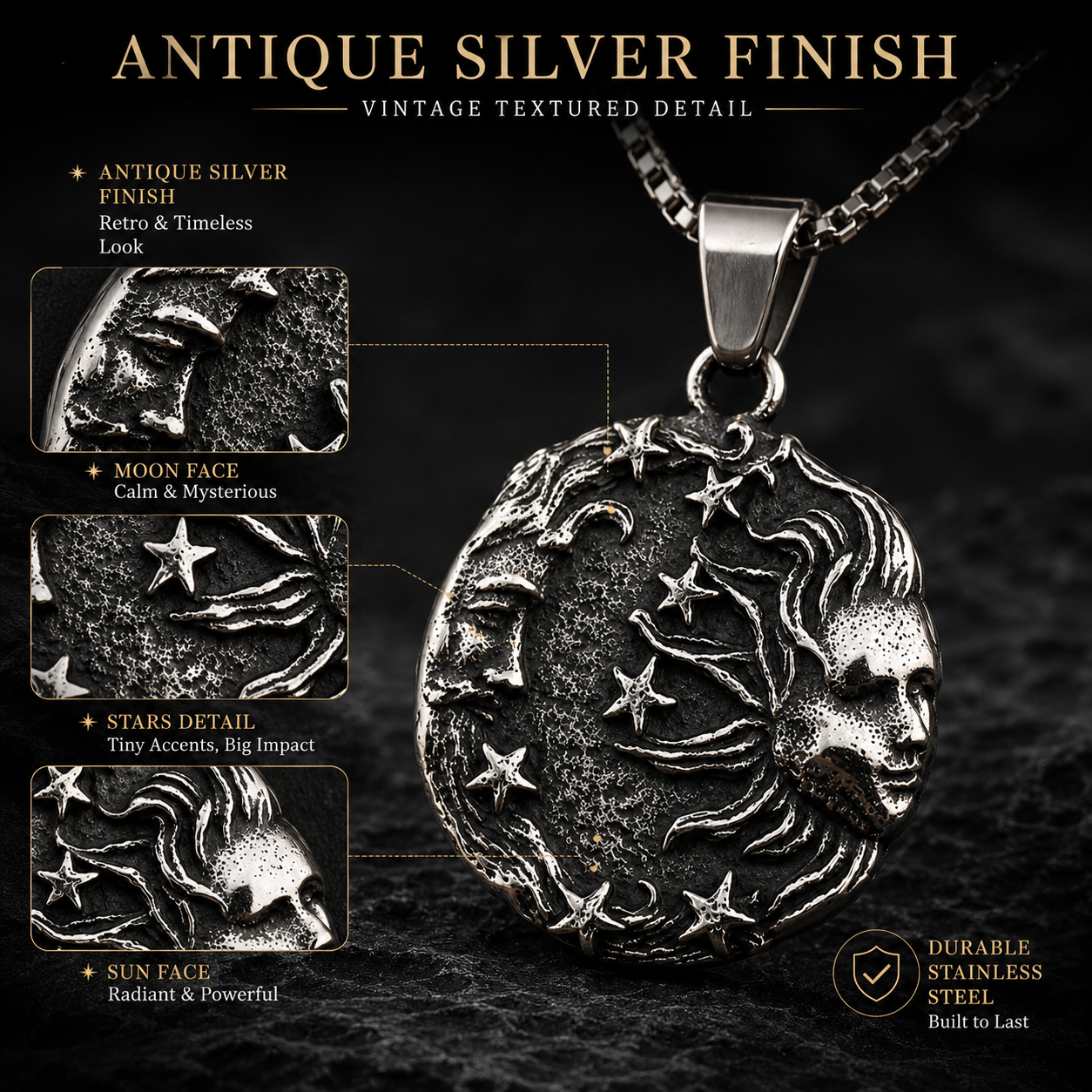 Vintage Sun Moon Face Pendant Necklace Antique Silver Celestial Stainless Steel Necklace Cosmic Star Pendant with Chain Gift PN0018