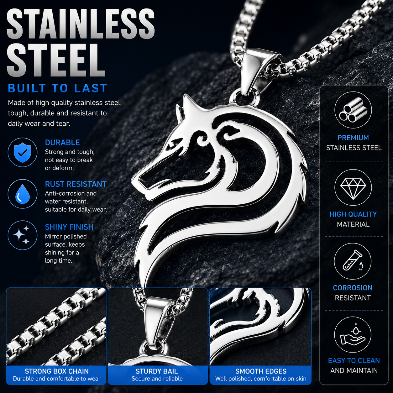 Wolf Head Pendant Stainless Steel Silver Tribal Animal Totem Wolf Necklace Chain PN0012