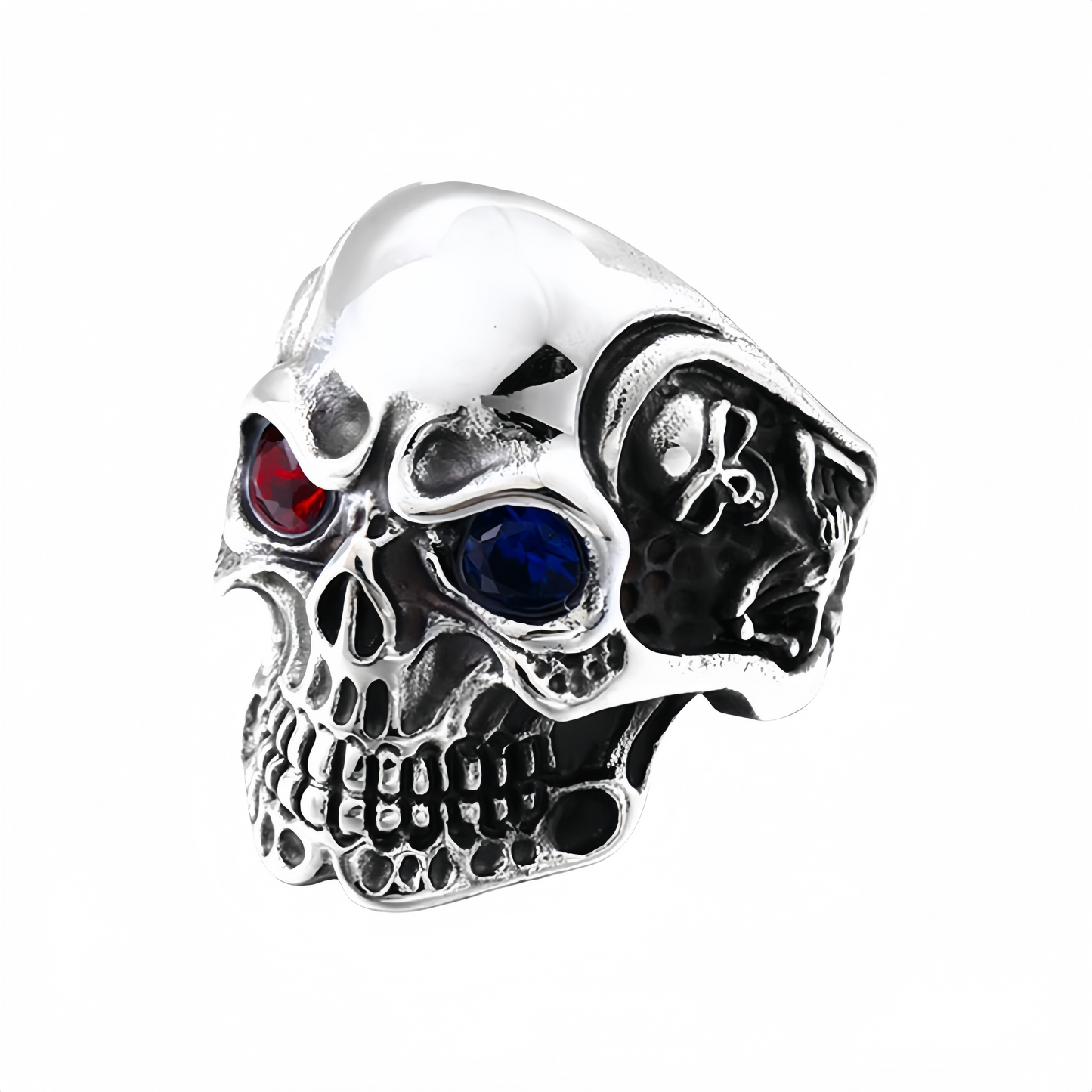 Men’s Gothic Skull Ring Red & Blue CZ Eyes Silver Tone Biker Punk Statement Ring # R25