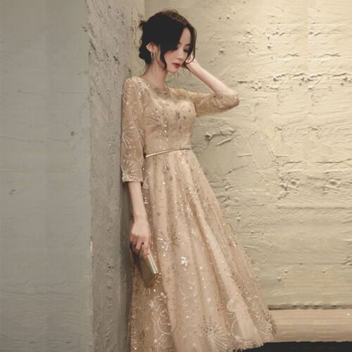 Women Champagne Formal Wedding Evening Cocktail Prom Bridesmaid Ball Gown Dress