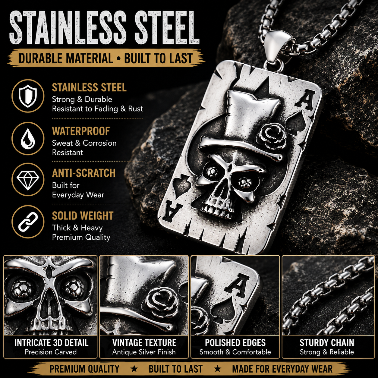 Men Gothic Skull Poker Ace Card Pendant Necklace Stainless Steel Vintage Punk Punk Street Style Biker Chain PN0008