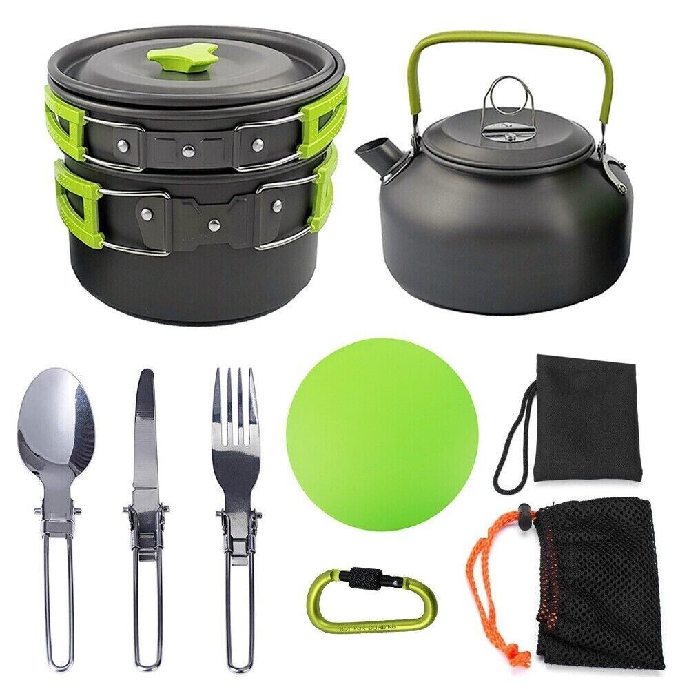 Outdoor Portable Camping Picnic Pots Pans Teapot Set With Cut Board Cutlery