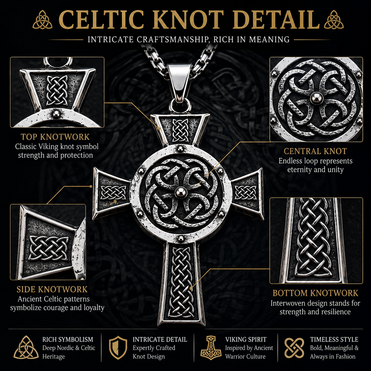 Men's Viking Cross Pendant Necklace Celtic Knot Nordic Odin Warrior Amulet Stainless Steel Chain Gift PN0161