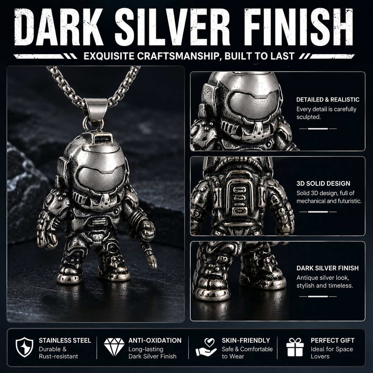 Space Astronaut Necklace Pendant Dark Silver Stainless Steel 60cm Chain Gift PN0028
