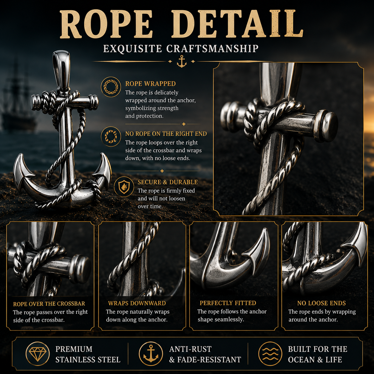 Unisex Anchor Pendant Necklace Stainless Steel Nautical Sailor Rope Charm Vintage Necklace 60cm Chain Gift PN0013