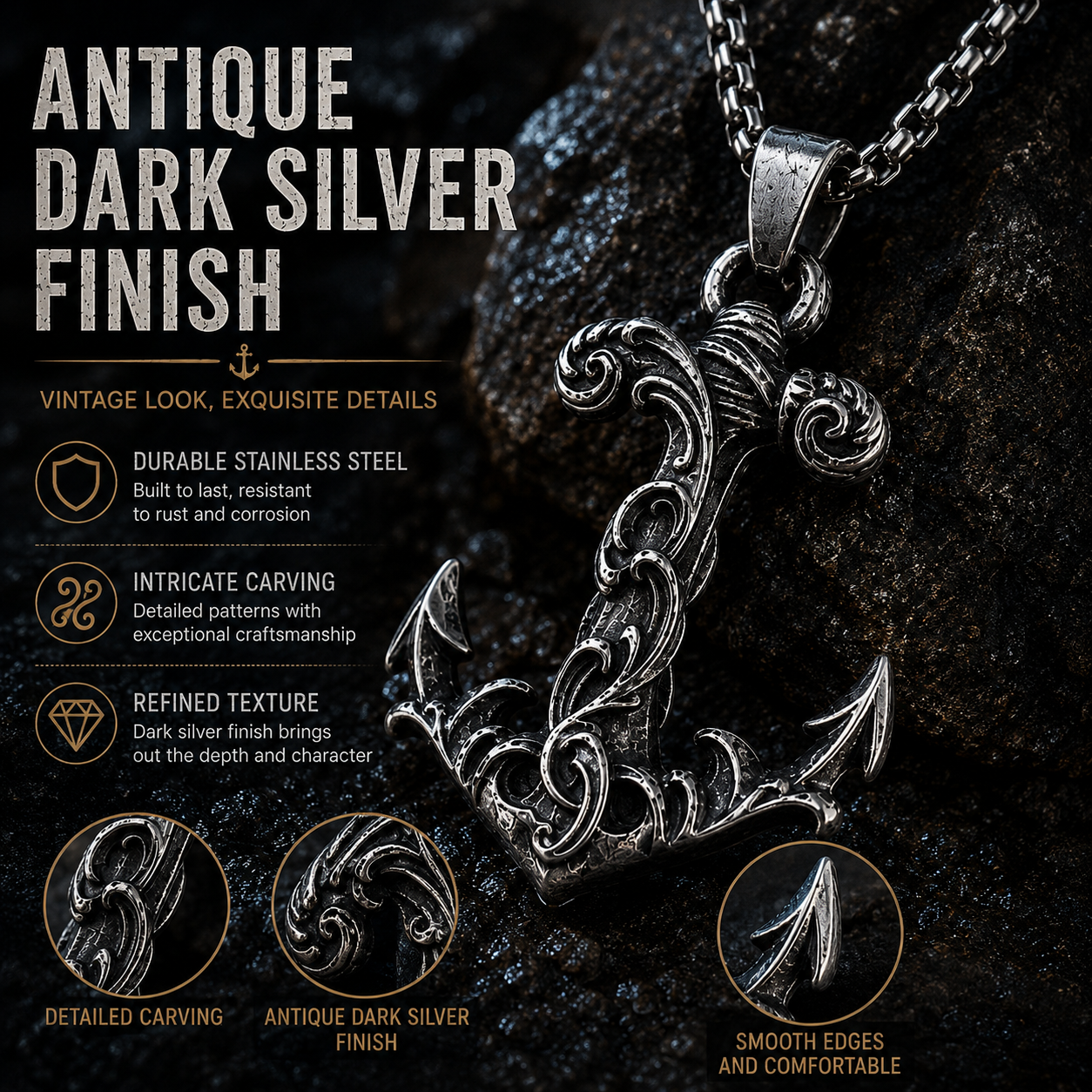 Vintage Carved Anchor Pendant Necklace Stainless Steel Nautical Gothic Marine Chain Gift For Men PN0003