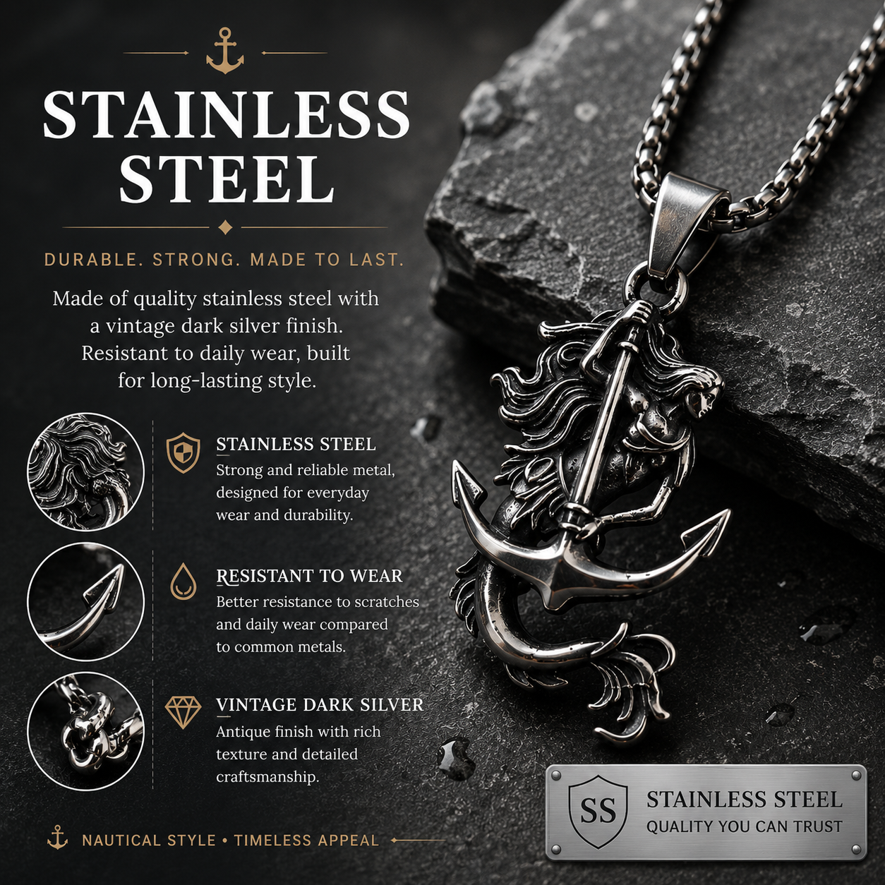 Vintage Mermaid Anchor Pendant Necklace Stainless Steel Dark Silver Nautical Chain PN0021