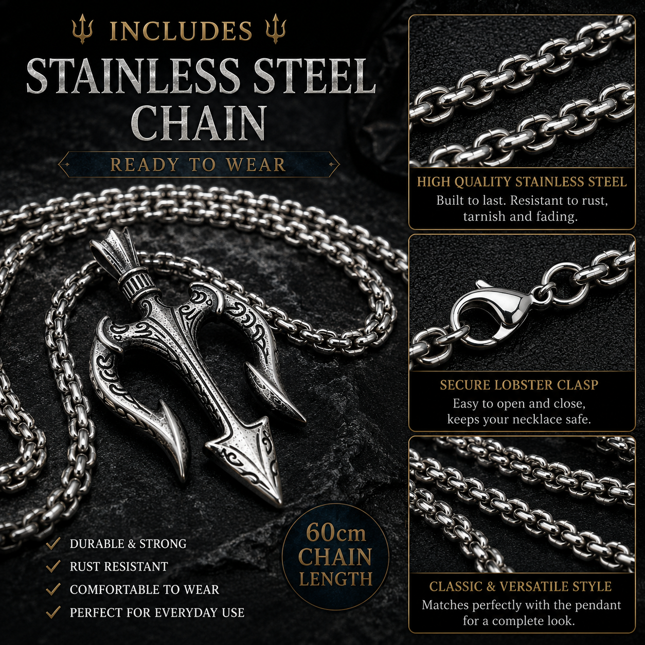 Men Vintage Poseidon Trident Pendant Necklace Gothic Greek Mythology Amulet Stainless Steel Chain PN0002