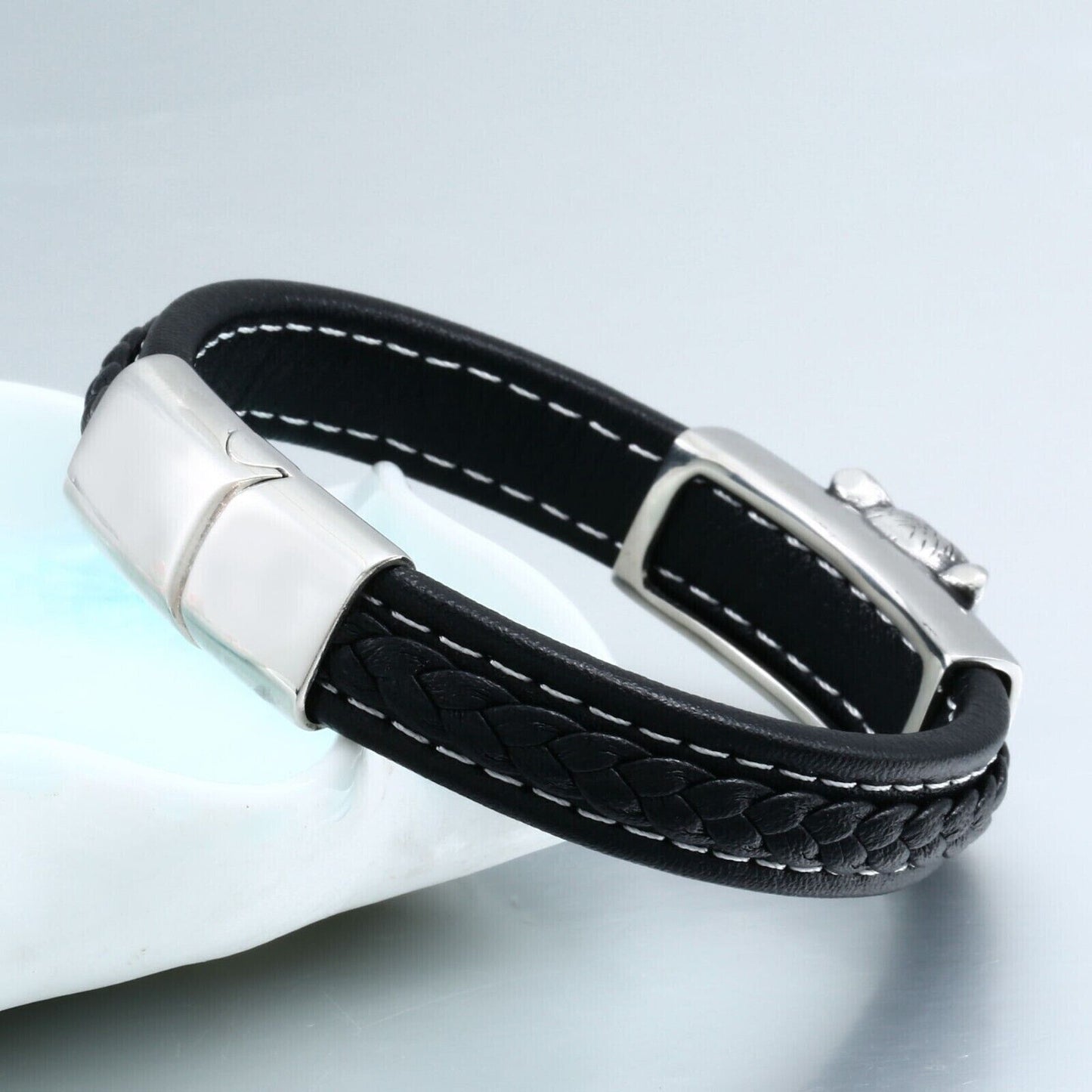 Men Fashion Tiger Head Artificial Leather Titanium Stainless Steel Bracelets