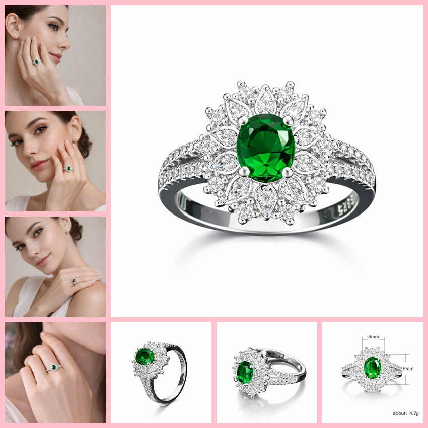 Women Green Oval CZ Halo Ring Silver Tone Alloy Engagement Style Jewellery Gift # R190