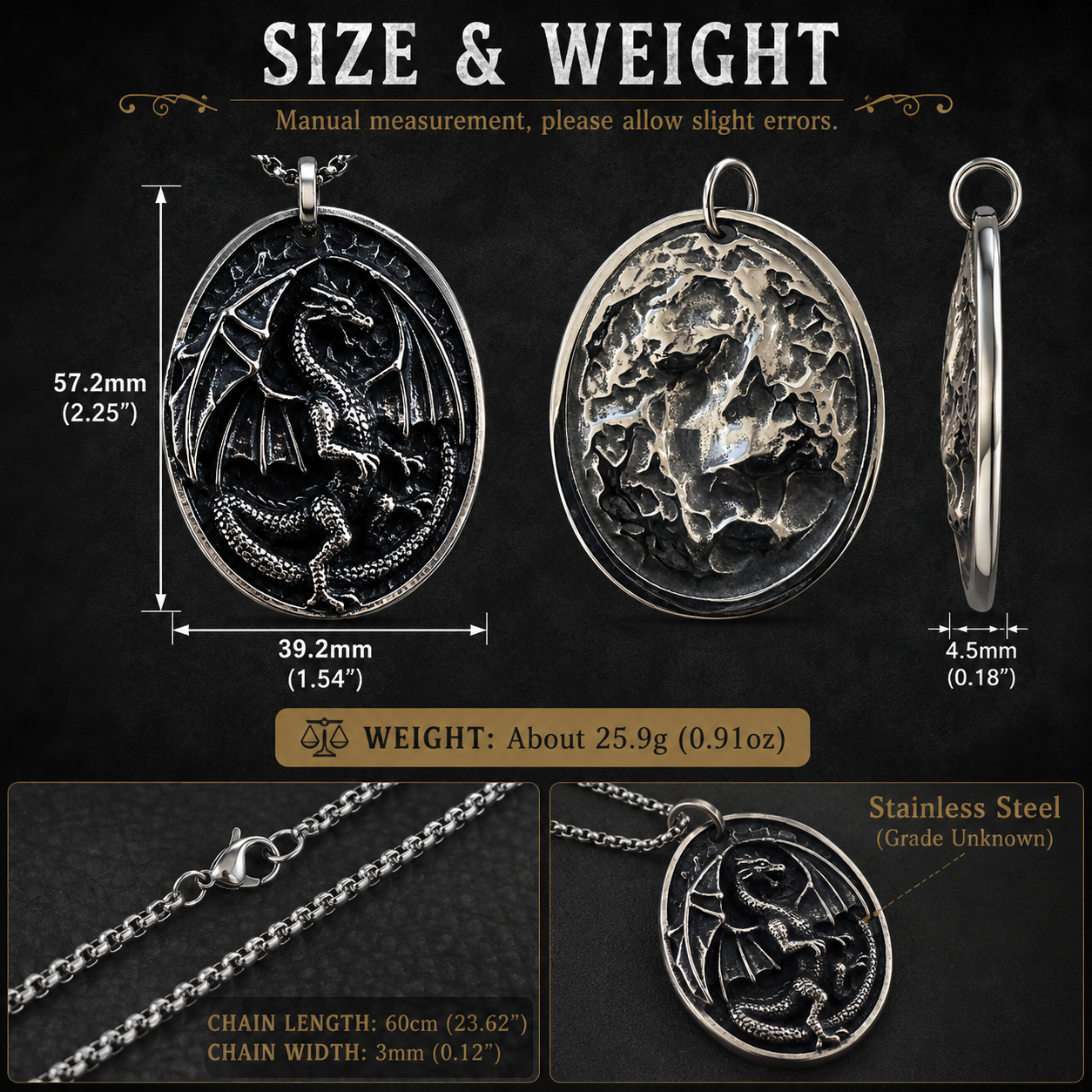 Vintage Dragon Pendant Necklace for Men Stainless Steel Gothic Biker Fantasy Style Necklace Dark Silver Finish Chain PN0020