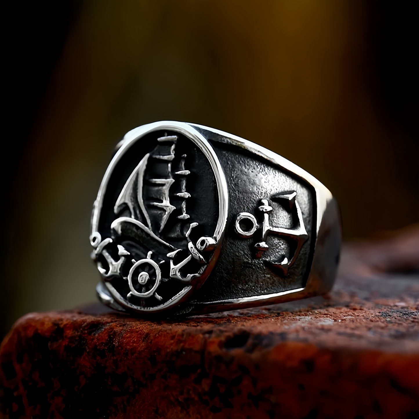 Men Nautical Anchor & Sailboat Engraved Ring Stainless Steel Punk Statement Band # R327