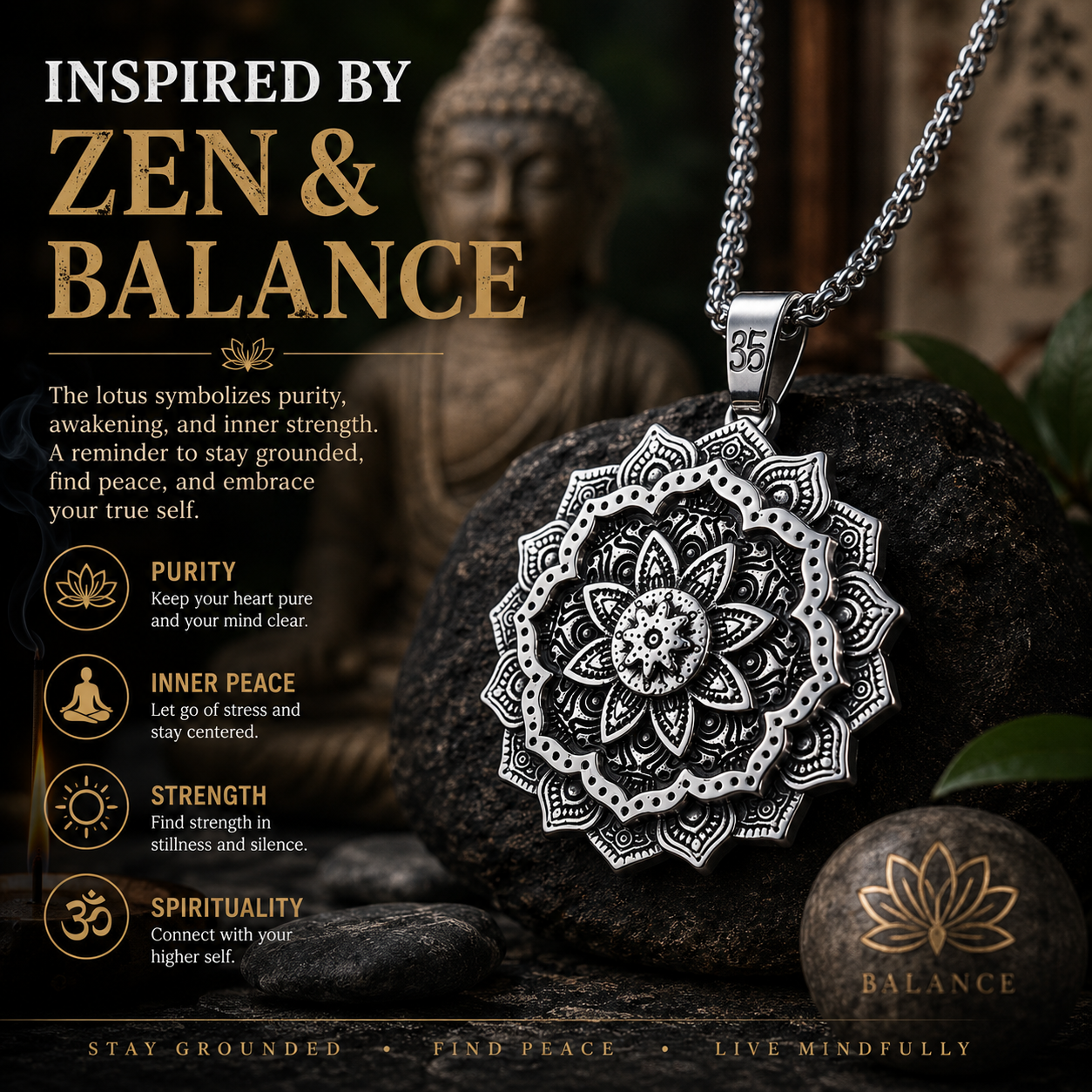 Unisex Vintage Flower Pendant Necklace Stainless Steel Zen Yoga Punk Necklace with 60cm Chain Gift for Men Women PN0016