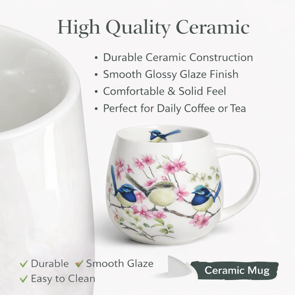 Blue Wren Bird Floral Mug 400ml Fine Porcelain Coffee Tea Cup Birthday Gift Box