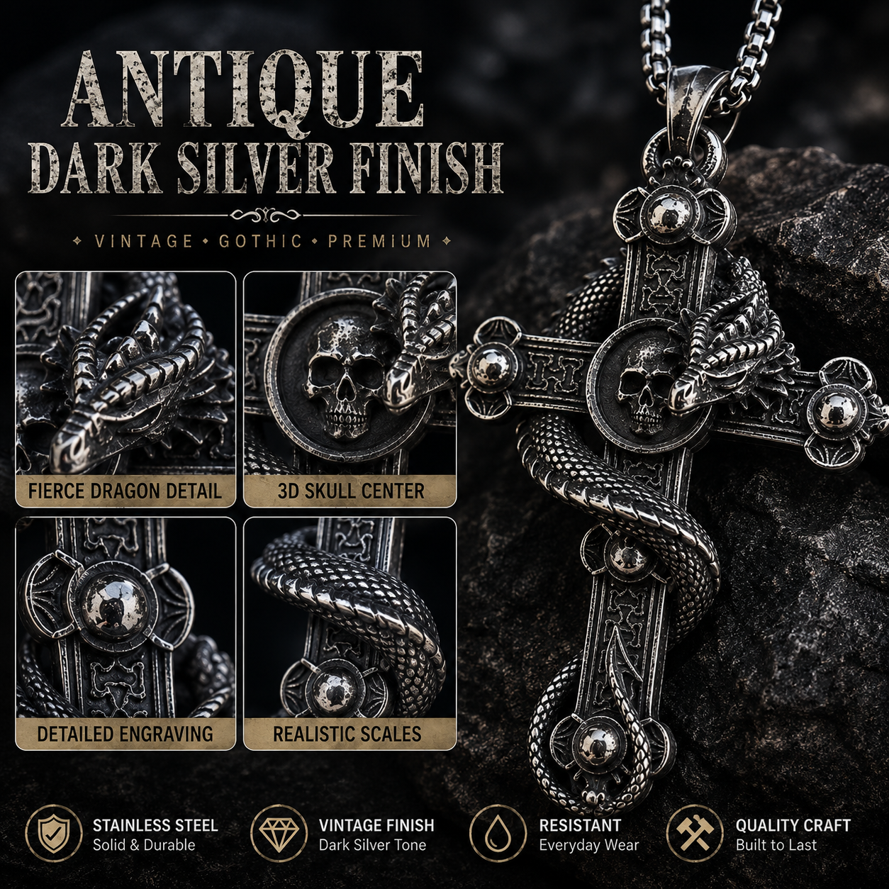 Vintage Dragon Cross Skull Pendant Necklace Men Gothic Stainless Steel Dark Silver Chain PN0022