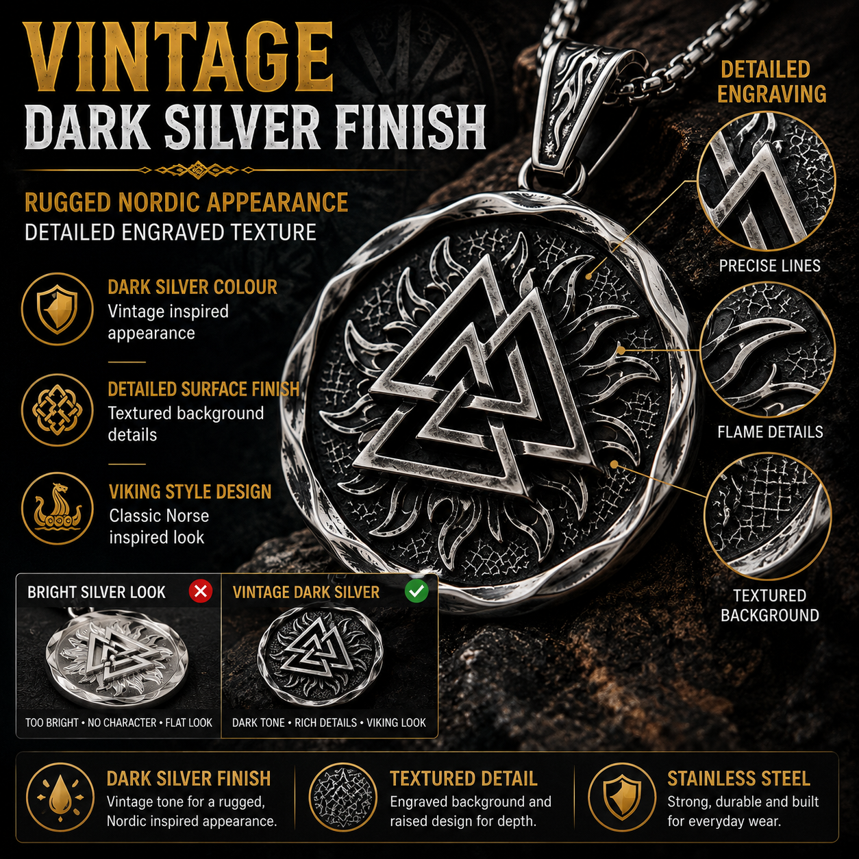 Viking Valknut Pendant Necklace Norse Symbol Stainless Steel with Chain Dark Silver Symbol Jewellery Gift PN0011