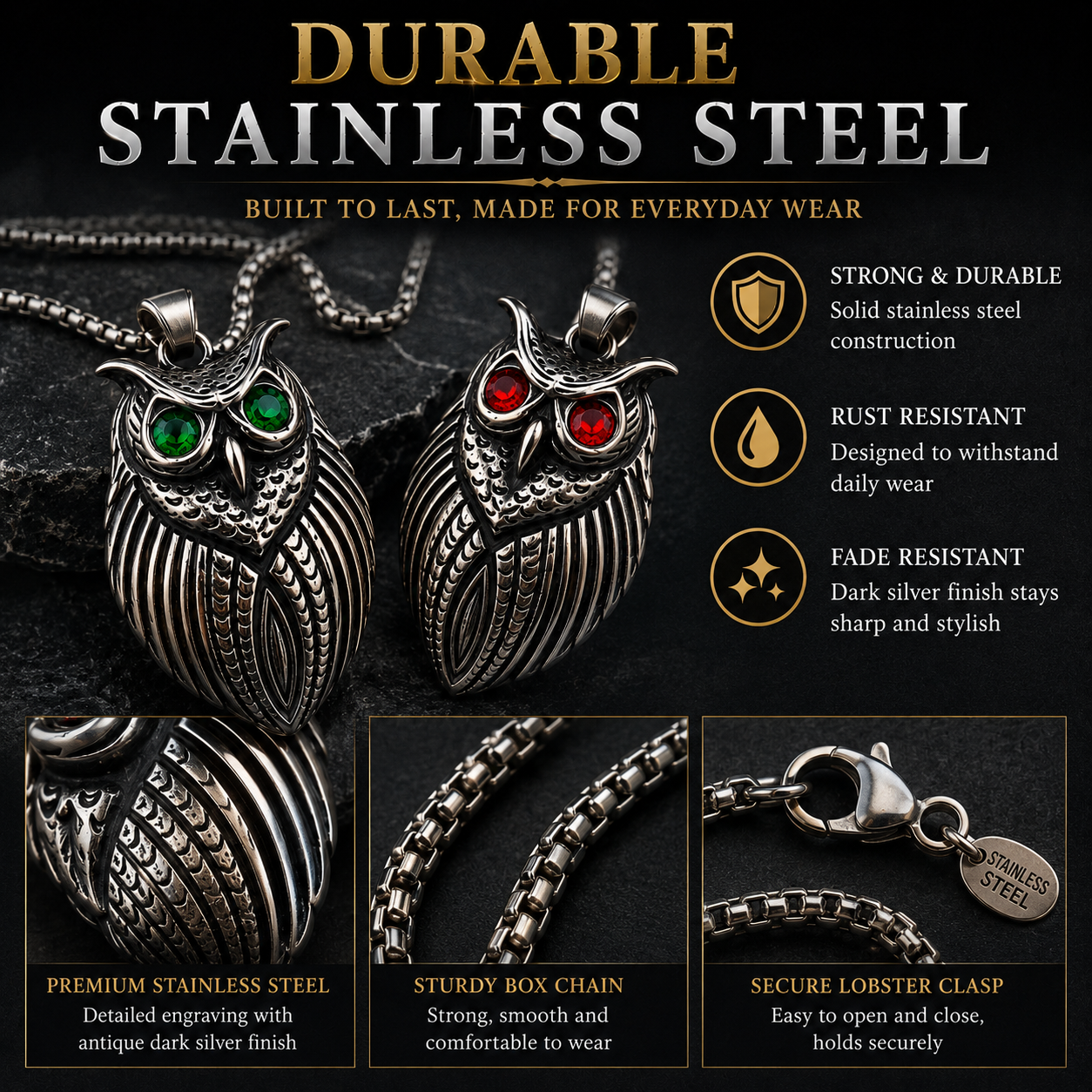 Retro Owl Necklace Stainless Steel Pendant Red Green Gem Eyes Gothic Animal Charm Chain Gift PN0027