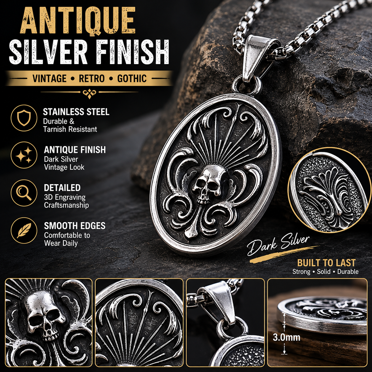 Retro Skull Oval Pendant Necklace Stainless Steel Double-Sided Gothic Necklace with Chain Vintage Punk Jewellery Gift PN0004