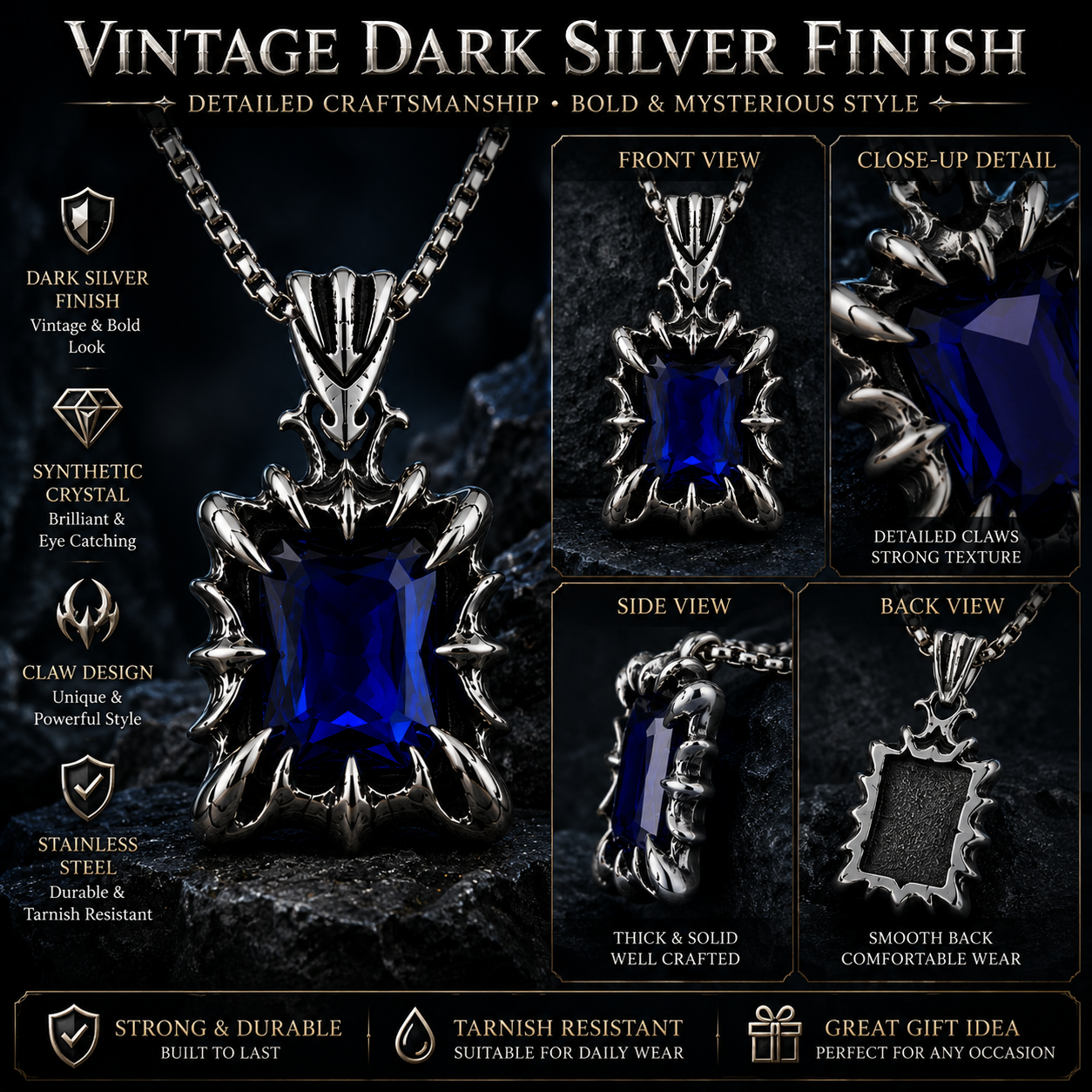 Retro Fantasy Vintage Gothic Crystal Pendant Necklace Dark Silver Stainless Steel Chain Blue Green Red Black Gem PN0029