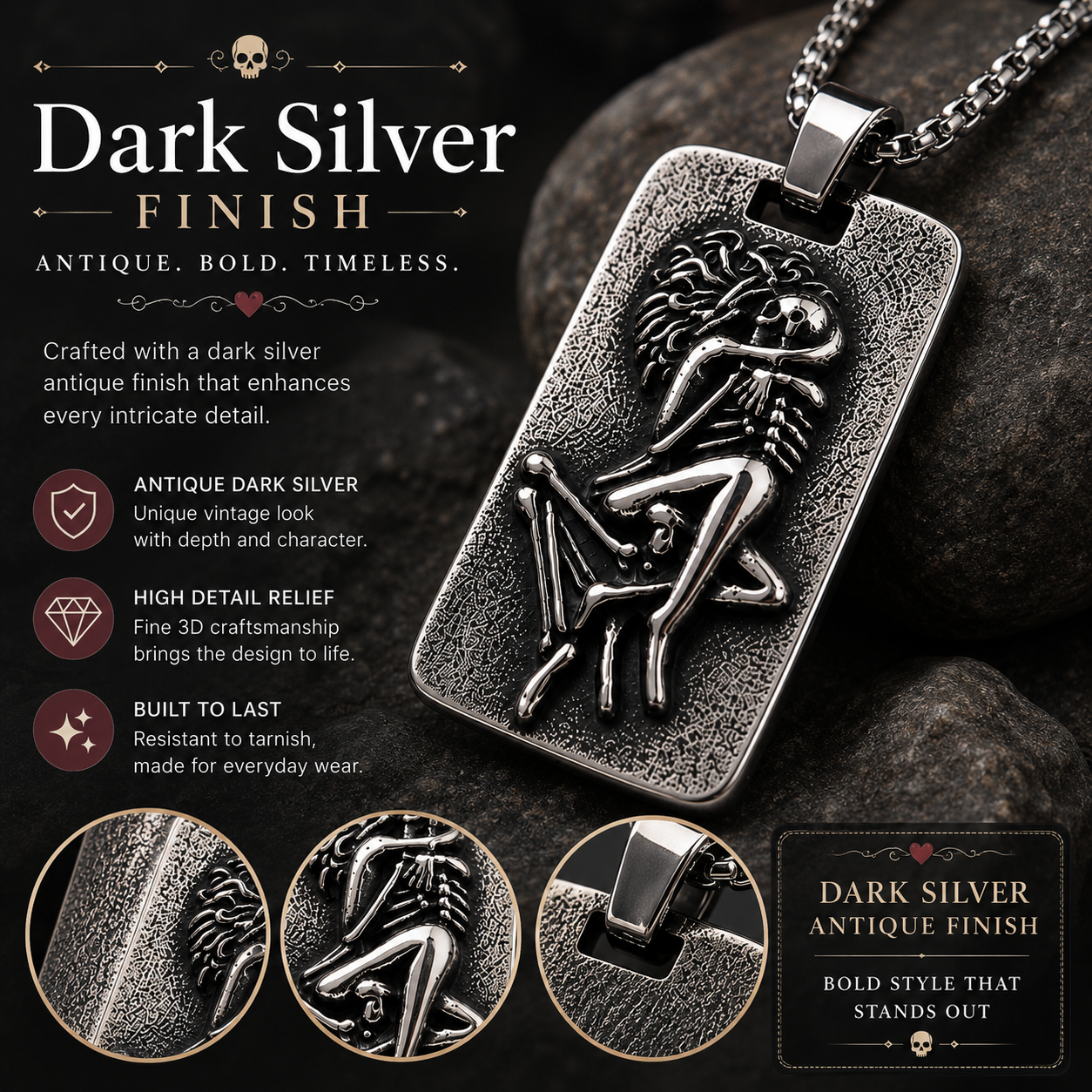 Gothic Skeleton Lovers Pendant Necklace Stainless Steel Dark Silver Gothic Jewellery Chain Gift For Men Women #PN0023