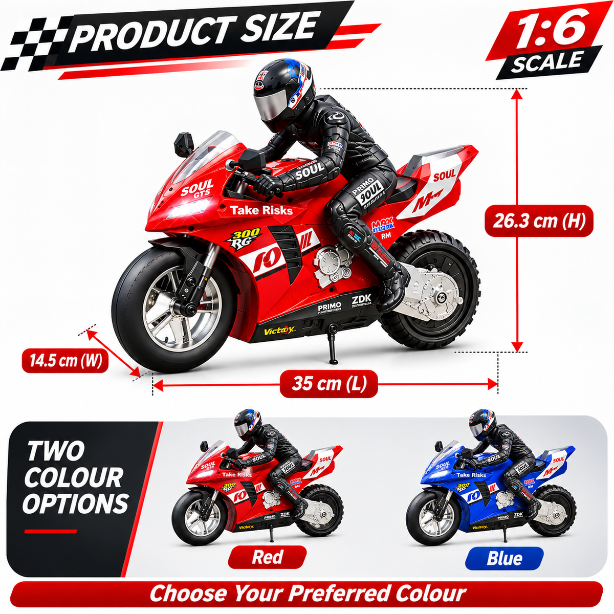 1:6 RC Stunt Motorcycle Remote Control Motorbike 360° Drift Wheelie Red Blue