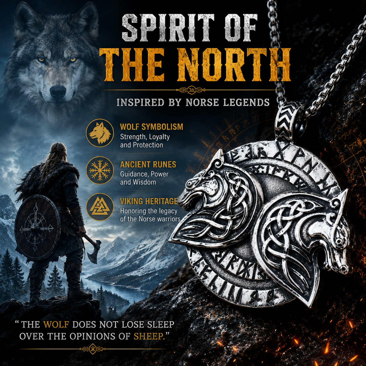 Viking Double Wolf Head Pendant Necklace Celtic Knot Rune Stainless Steel Amulet with Chain PN0189