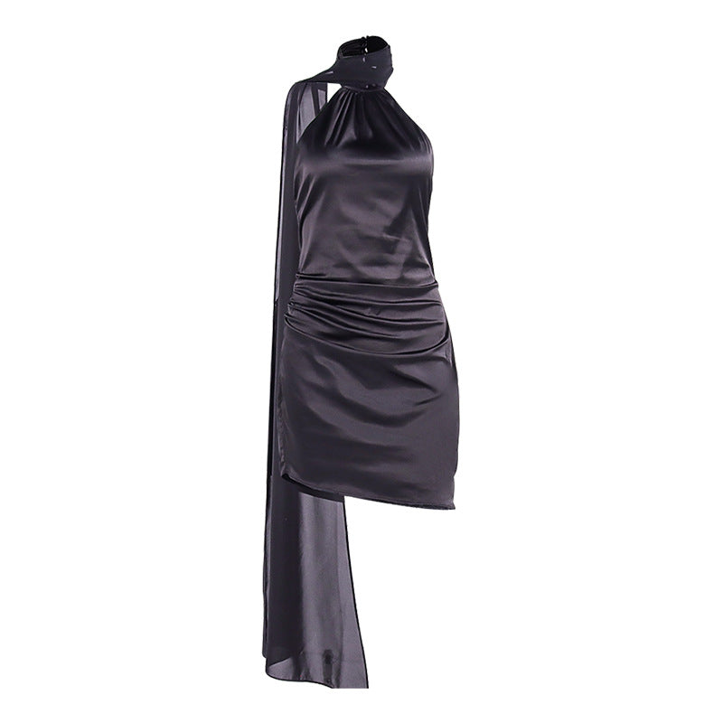 Women Sexy Satin Halter Neckline Backless Chiffon Streamers Miniskirt Dress