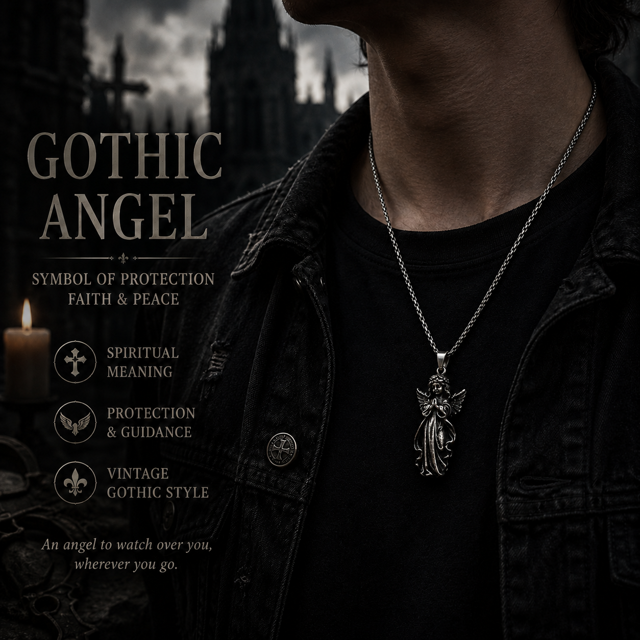 Unisex Vintage Angel Pendant Necklace Stainless Steel Dark Silver Gothic Prayer Angel Charm Chain Necklace Gift for Men Women PN0019