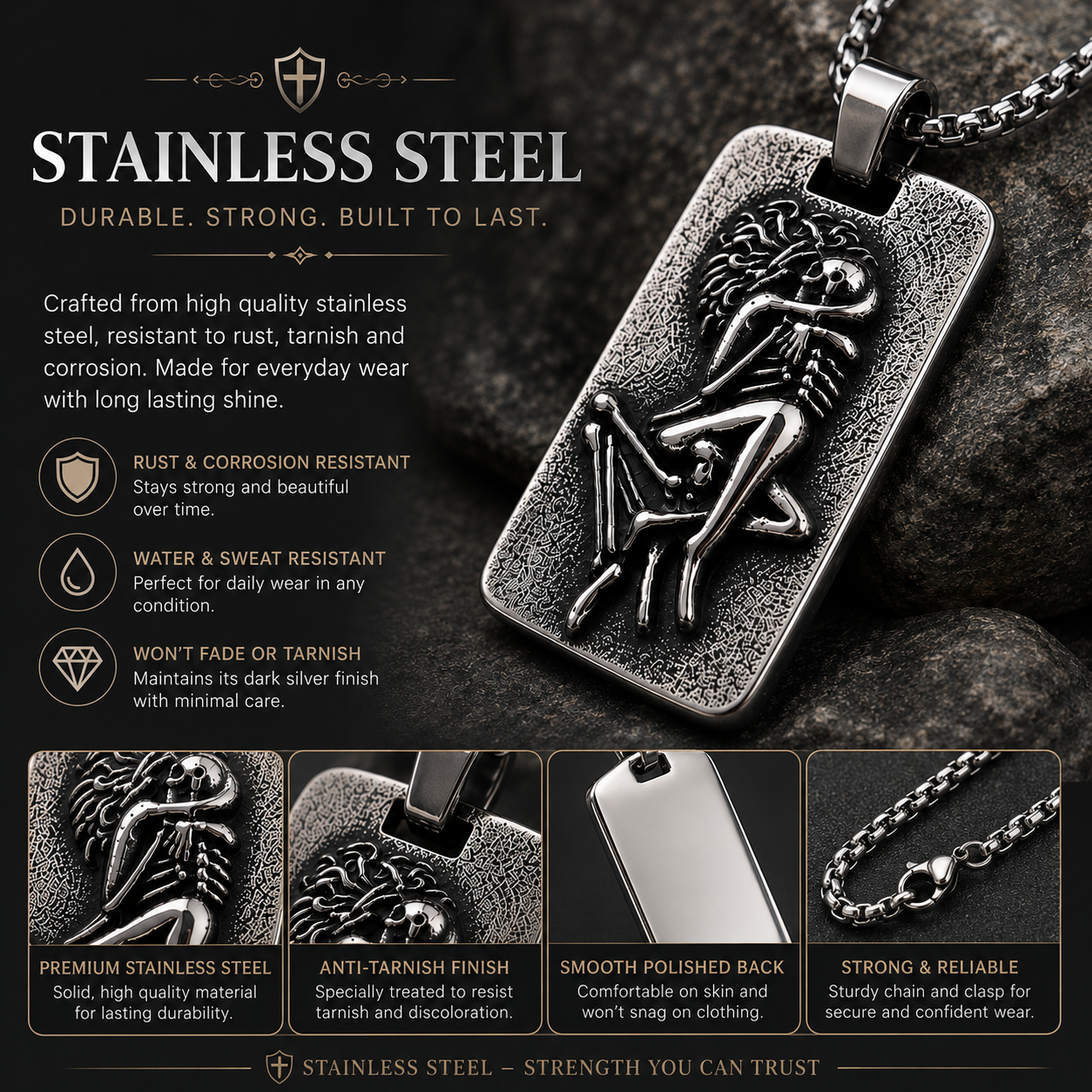 Gothic Skeleton Lovers Pendant Necklace Stainless Steel Dark Silver Gothic Jewellery Chain Gift For Men Women #PN0023