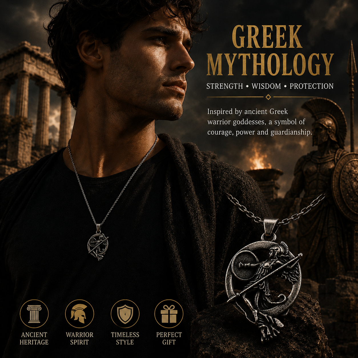Unisex Retro Greek Goddess Warrior Pendant Necklace Dark Silver Stainless Steel Mythology Chain Gift PN0015