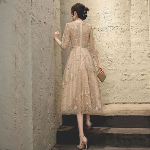 Women Champagne Formal Wedding Evening Cocktail Prom Bridesmaid Ball Gown Dress