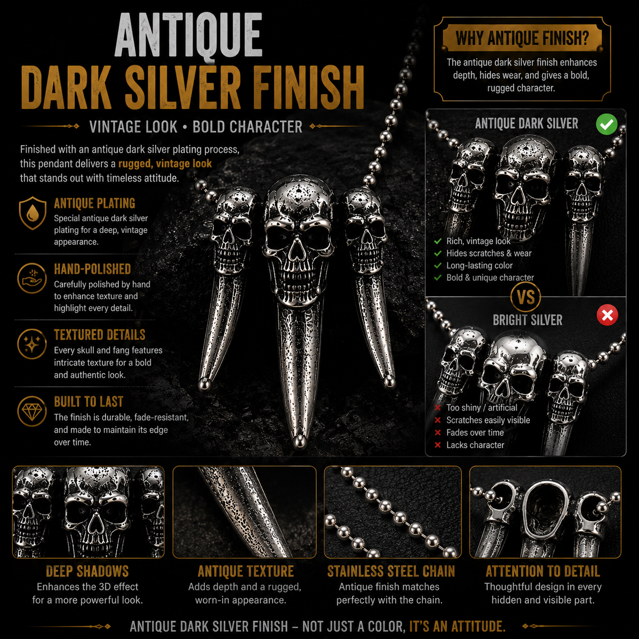 Triple Skull Tooth Pendant Necklace Mens Gothic Viking Biker Punk Stainless Steel Chain #PN0007