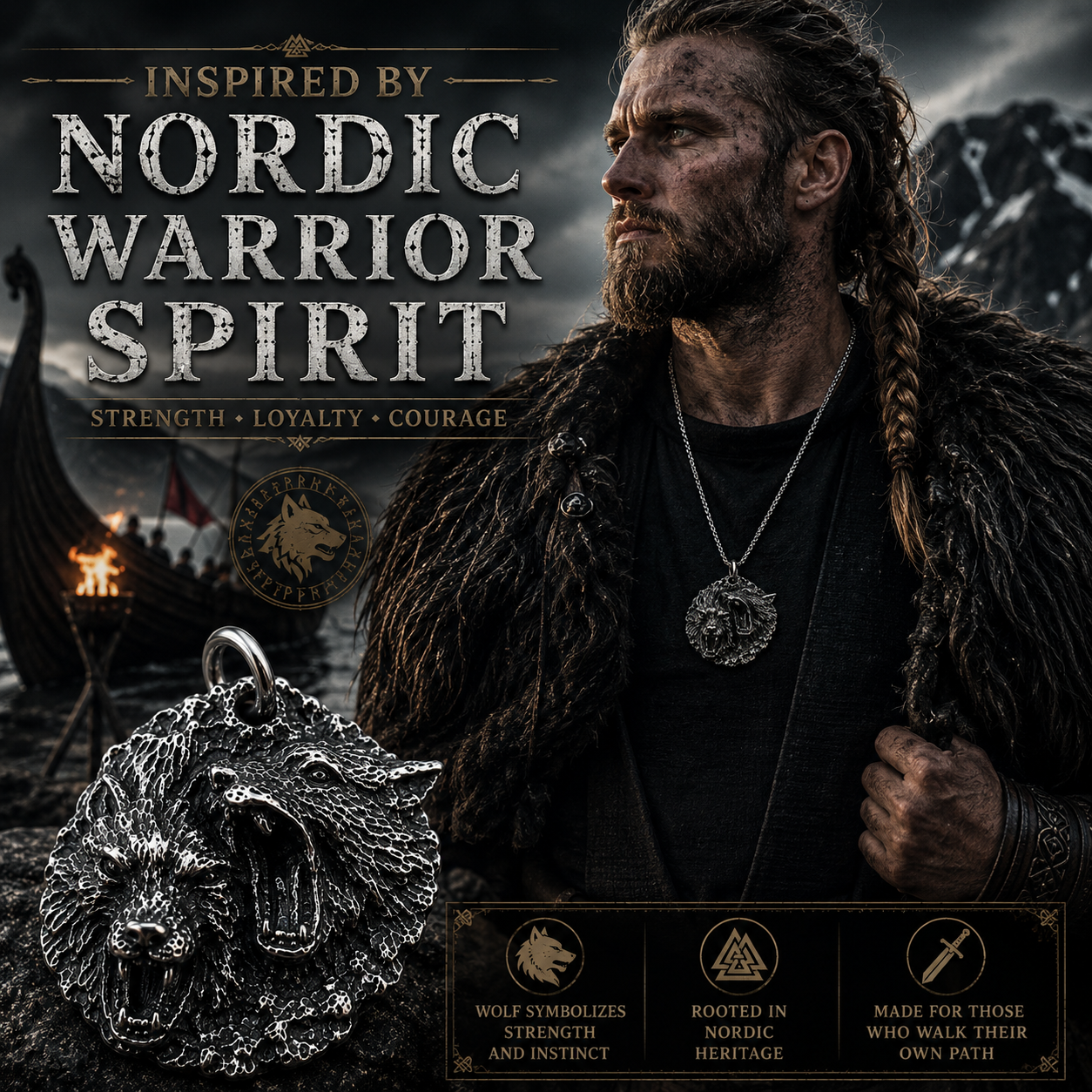 Vintage Wolf Pendant Necklace Dark Silver Stainless Steel Viking Animal Medallion Chain Gift for Men Women PN0017