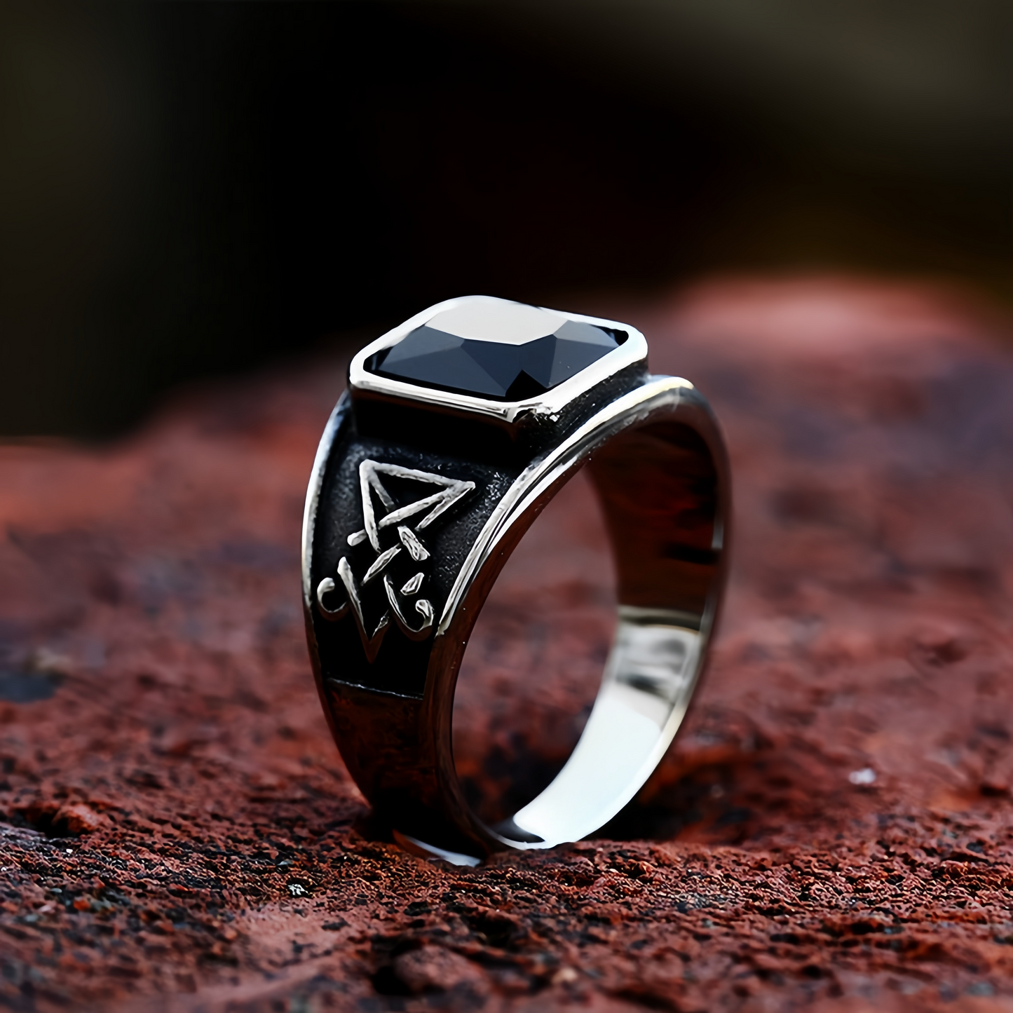 Men Gothic Black Stone Signet Ring Vintage Occult Engraved Rock Biker Punk Band # R366